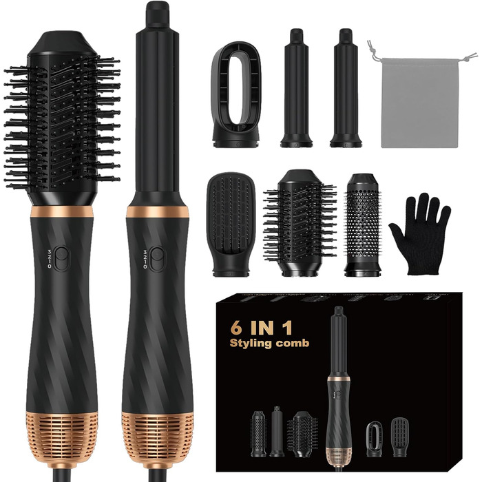 Фен-щітка 6 в 1 для волосся, Airstyler: сушка, укладка, завивка, випрямлення (Чорний)