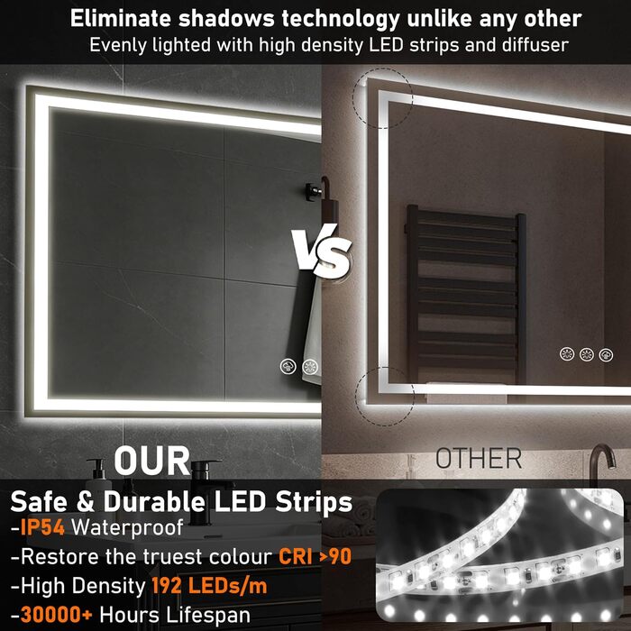 Дзеркало для ванної кімнати 50x70 см з підсвічуванням LED, антизапар, регулювання яскравості, 3 кольори світла