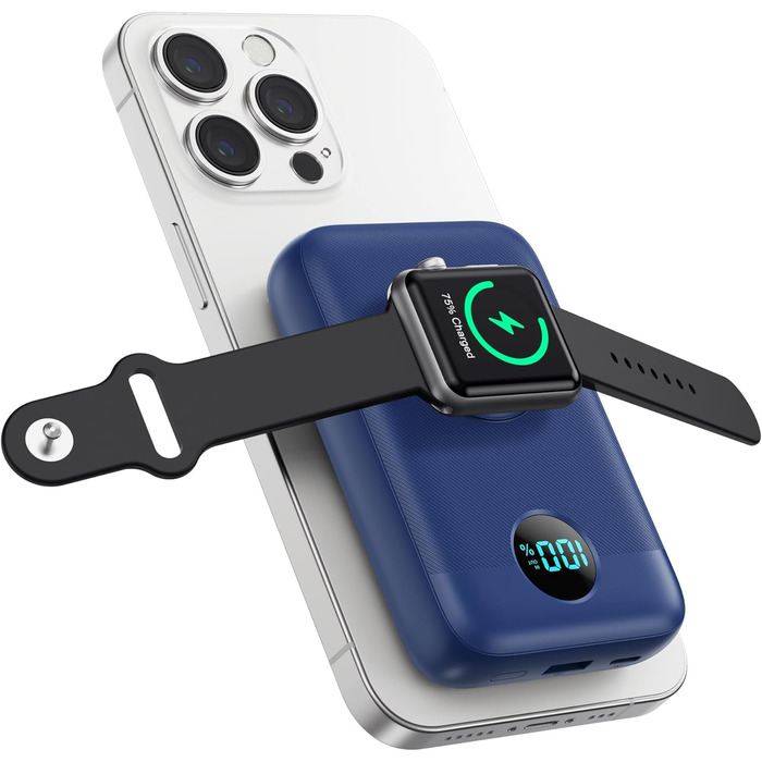 Power Bank магнітний 10800mAh з підтримкою MagSafe, 4-в-1, з зарядкою для Apple Watch, QC4.0+PD 22.5W USB-C, LED-дисплей, сумісний з iPhone 15/14/13/12 Series (Блакитний)