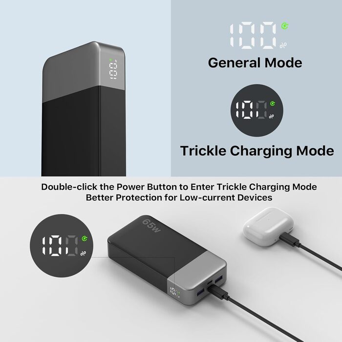 Powerbank NOBIS 20000mAh, 65W, з цифровим дисплеєм, Dual USB-C/USB-A, для ноутбука, телефону, планшета, зовнішній акумулятор, зелений (чорний)