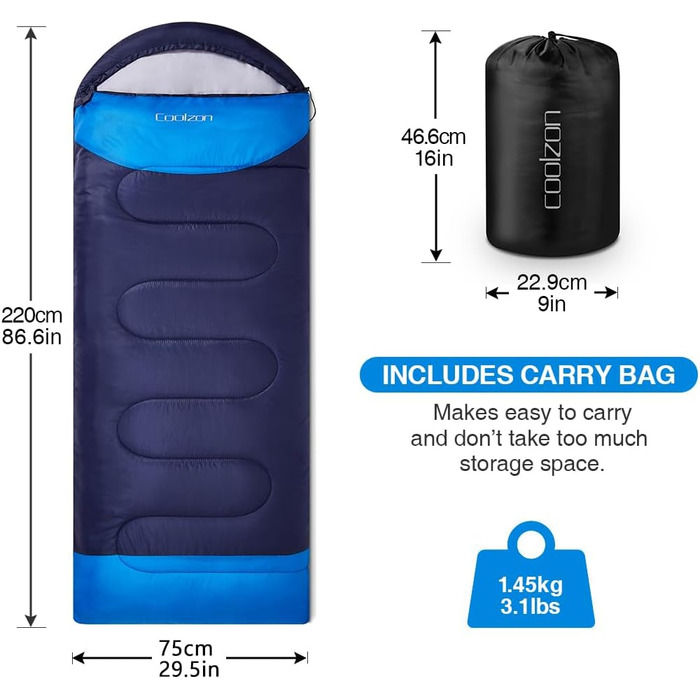 Coolzon Sleeping Bag Outdoor for Camping, 3-4 Seasons, Adult Quilt Sleeping Bag Small