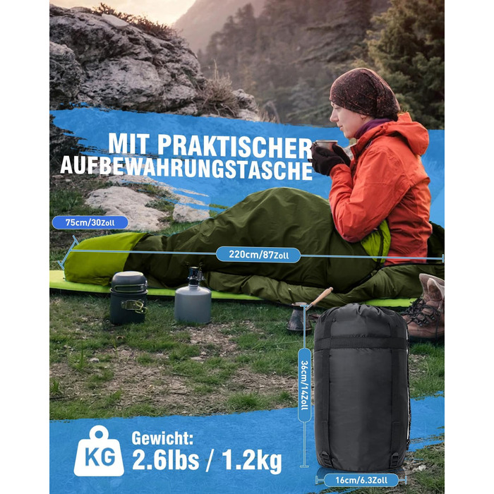 Сплячий мішок 3-4 сезони, водонепроникний, ультралегкий, для дорослих та дітей, 220*75см (Зелений)