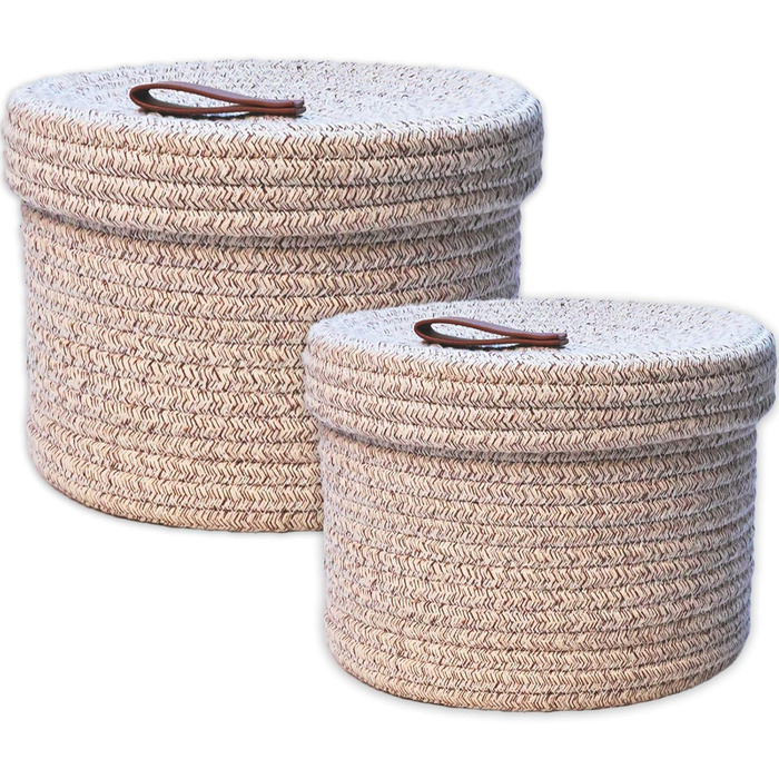 Yearonan 2 PIECE Cosmetic Storage Basket with Lid Storage Box Natural Cotton Yarn Material Washable Decorative Basket Leather Label Handle Storage Basket Set 30X17(cm)/25X13.5(cm) (White)