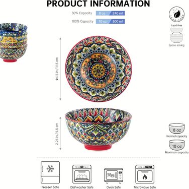 Набір супових тарілок Henten Home, 4 шт. - 360 мл, кераміка, для супу, десерту, морозива, богемний стиль