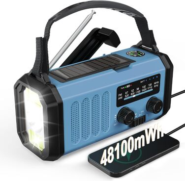 Сонячне радіо з ручним приводом, динамо, екстрене радіо AM/FM з ліхтариком, SOS, компас для дому та відпочинку на природі, USB-зарядка, 48100mAh, блакитне