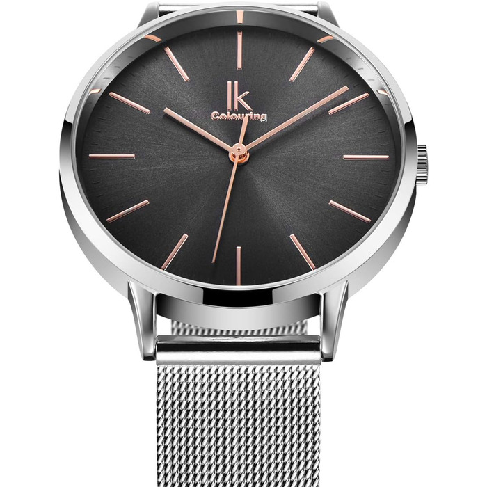 Годинник жіночий Alienwork IK Minimalist, ультратонкий, сітчате браслет (срібло/сірий/сріблястий сітчастий ремінець)