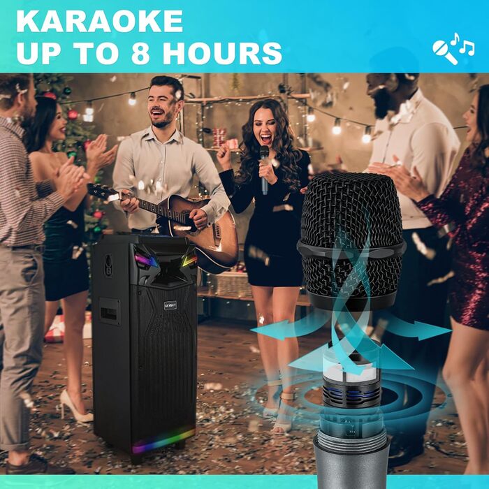 Bluetooth Караоке Машина DSP з 2 Мікрофонами та 2 × 10” Динаміками, Портативна PA-система для Дорослих та Дітей, USB-C Запис, Ефекти DJ, FM, Підтримка TV/Проектора GTSK210-1