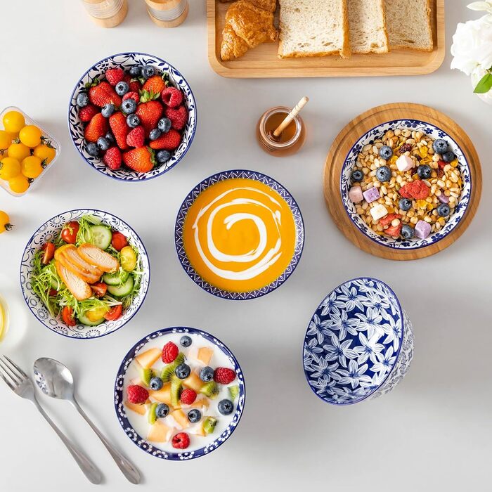 Набір мюслі-тарілок Vancasso Selene (6 шт.) з порцеляни, 720 мл – блакитно-білі керамічні тарілки для мюслі, салату, супу, рамену, фруктів та десерту