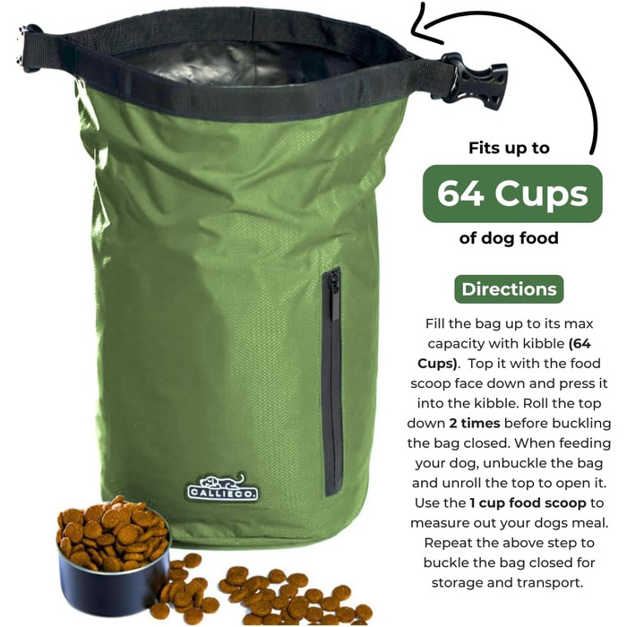 Трояк для корму для собак Callieco з лопаткою та кишеню на блискавці, водонепроникний контейнер для дому, подорожей на авто, кемпінгу, перельоту та іншого (64 порції) (64 чашки, зелений)