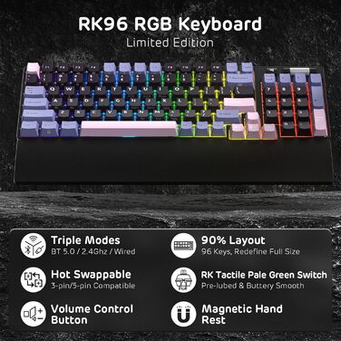 Механічна клавіатура RK ROYAL KLUDGE RK96 RGB Limited Edition з підсвічуванням, 96 клавіш, бездротовий зв'язок (BT5.0/2.4G/USB-C), Hot-Swap, підтримка програмного забезпечення, лінійні перемикачі, QWERTY, зелений колір, з підсвіткою для зап'ястя
