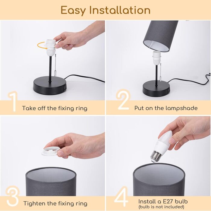 Настільна лампа Aigostar з 2 USB-портами, вимикач, металевий цоколь, сірий колір, для спальні, вітальні, дитячої кімнати