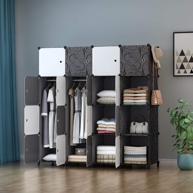HOMIDEC Wardrobe, Portable Shelving System, 20 Cube Closet made of Plastic with 2 Clothes Rails, Bedroom Wardrobe Closet White for Bedroom, 180 x 142 x 45cm (16 cube, White & Black)