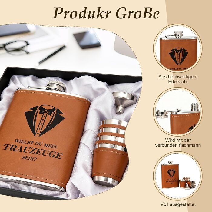 Персоналізований набір фляг 8oz з гравіюванням – фляга з нержавіючої сталі, 4 склянки, воронка та подарункова коробка для друзів нареченого/нареченої, подарунок на весілля для чоловіків та жінок (колір: коричневий)