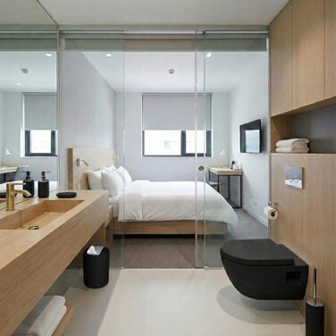 Набір для ванної кімнати 6 предметів, чорний: аксесуари для ванної, туалетний набір, кошик для сміття, стакан для зубних щіток, мильниця, дозатор для мила - пластик