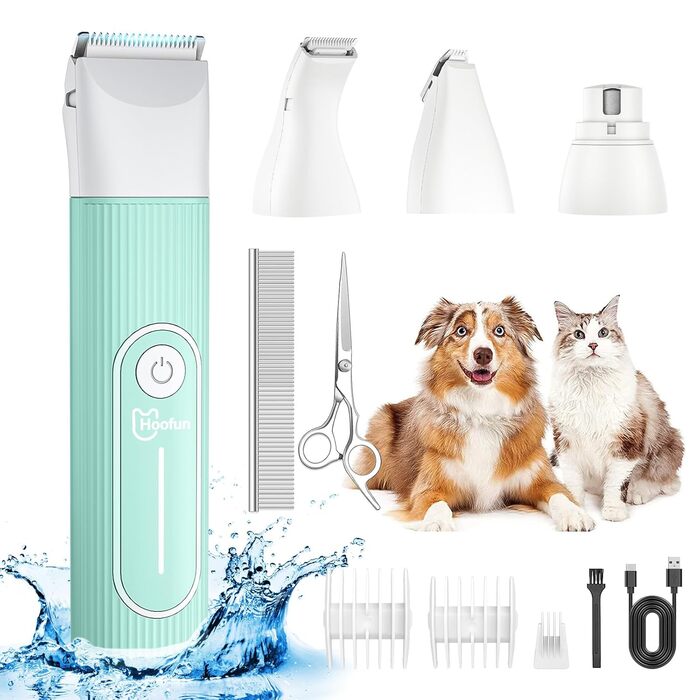 Професійна машинка для стрижки собак та котів Hoofun 4-в-1, IPX7, бездротова, з 4 насадками, для собак, котів, кроликів (біла/блакитна)