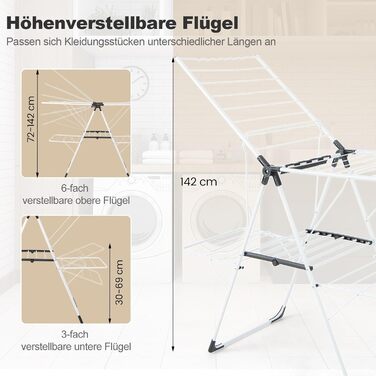 Стійка для сушіння білизни COSTWAY розкладна, сушарка для одягу висувна, регульована по висоті з крилами та полицею для взуття, сушильний стійка-вежа для дому та вулиці (оновлена версія) (з 2 рівнями)