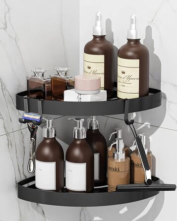 Дзеркальна поличка для душу кутова без свердління чорного кольору, 2 шт. з гачками для шампуню та мила, захист від іржі