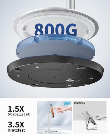 Регульована підставка для планшета та смартфона SAIJI, металевий тримач з посиленою базою, налаштування кута та висоти, сумісна з iPad Pro, Air, Mini, iPhone (4.7-12.9 дюймів), срібляста