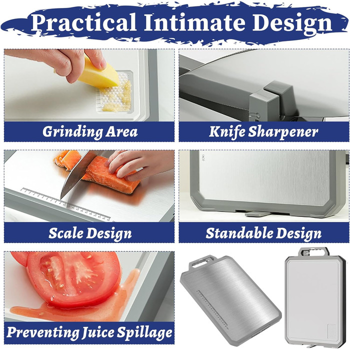 Ніжне нарізне дошка XIAPIA з нержавіючої сталі 304 та пластику з точилкою для ножів, 44x30x2,6 см, велика кухонна дошка з антибактеріальним покриттям, без BPA, з вбудованим ручкою та лінійкою, сіра