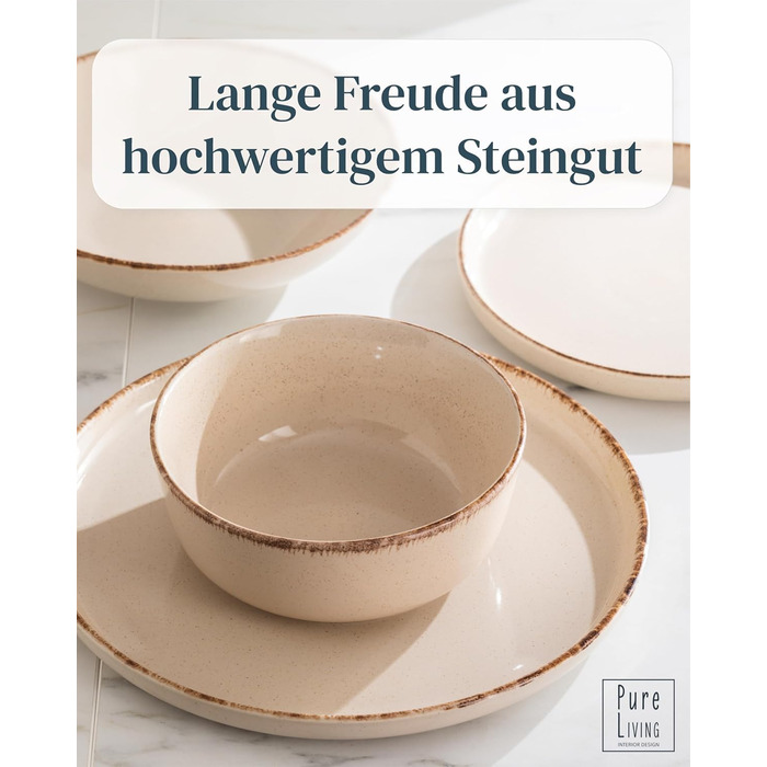 Набір посуду з каменю 12 осіб Rustic 48 предметів, Преміум якість, Стиль кантрі, Набір тарілок та мисок, Тарілька для сервірування, Набір Pure Living у бежевому кольорі 48 предметів