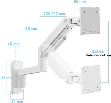 Настінний кронштейн для монітора ARES WING для Ultra Wide екранів 17-49 дюймів, газліфт, навантаження до 20 кг, VESA 75/100, білий