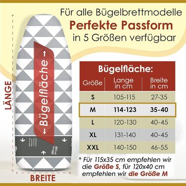 Покриття для прасувальної дошки arteneur® Made in Germany, 120x40 см, відбиває тепло, гумка, зона ковзання, OEKOTEX100, 4 розміри, для парогенератора та праски