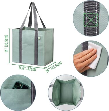 VENO 34 Liter Large Shopping Bag Foldable with Sturdy Bottom and Front Pocket, Reusable Shopping Bags Water-Repellent Tote Bag Shopping Basket for Shopping Picnic (Light Green, 4-Pack)