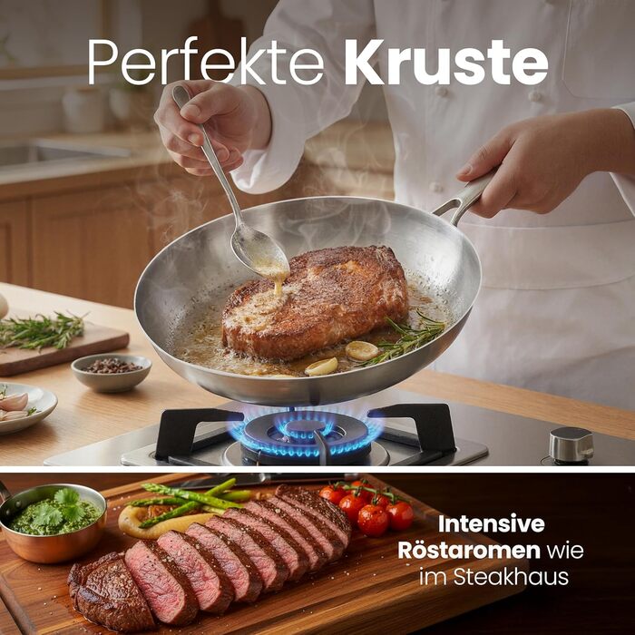 Сковорода нержавіюча сталь 24 см Edelstahlpfanne – для індукції, професійна, універсальна. Підходить для стейків та пасти, без покриття PFOA/PTFE/PFAS, жароміцна.