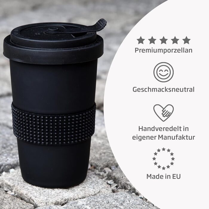 Mahlwerck Coffee-to-go Mug, Porcelain Coffee-to-go Cup with Leak-proof Lid, Design, Grey, 400ml (1 Piece (1-Pack), Black)