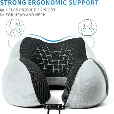 Подушка для шиї SOMLAW (2 шт.) з memory foam, ергономічна, для подорожей, літака, авто, офісу, з маскою для сну та берушами (сіро-білий)