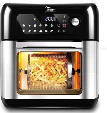 Аерофритюрниця Uten XXL 10 л, 1500 Вт, 12-в-1, цифровий LED-дисплей, сенсорне керування, нержавіюча сталь, з аксесуарами та рецептурником, чорна