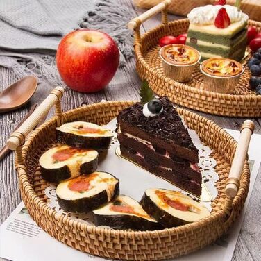 YANGQIHOME Rattan Round Serving Tray, Woven Basket Tray with Wooden Handles (32 cm)