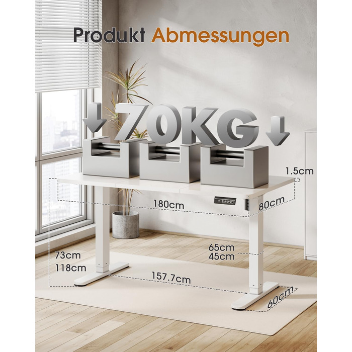 Adjustable Height Standing Desk with Monitor Stand - 120x60cm & 180x80cm White