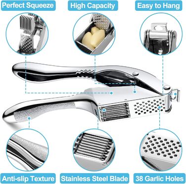 Прес для часнику з нержавіючої сталі 2 в 1 з очищувачем та щіткою, для миття в посудомийній машині