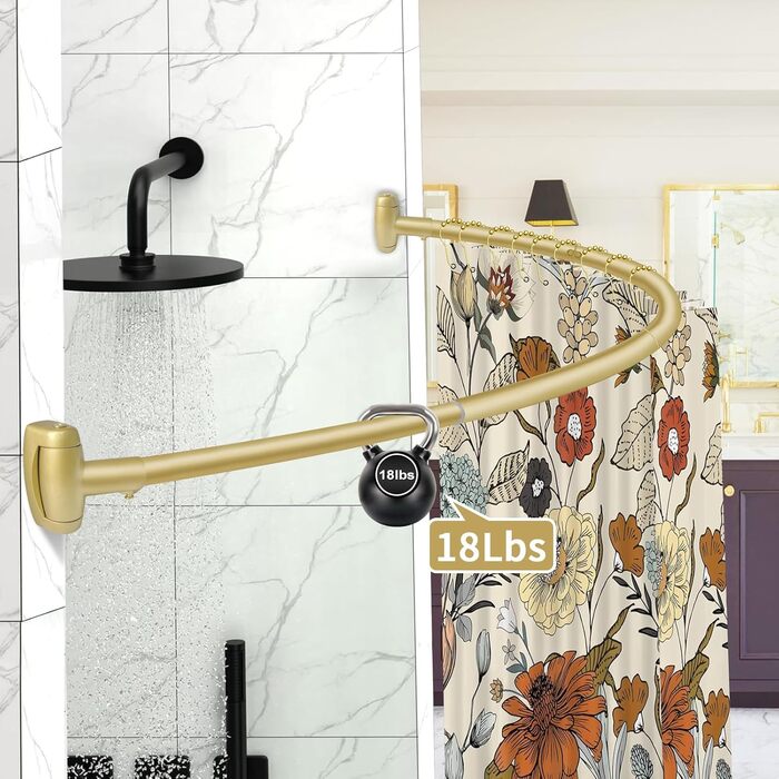 Вигнута штанга для душової завіси YNL, 89-203 см, золота, кругла, нержавіюча сталь, для ванної кімнати та ванни, регульована, розширювана, антикорозійна