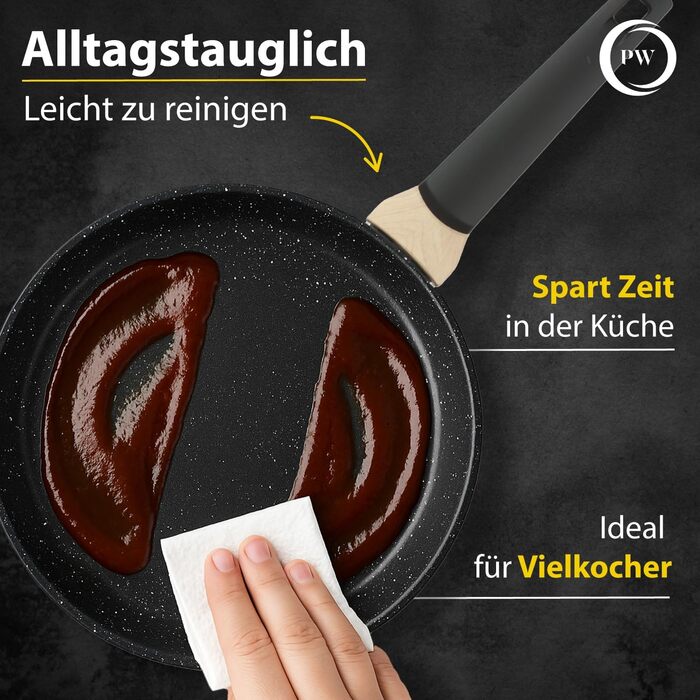 Набір сковорідок Pela Welle® Induktion, 5 предметів: 3 сковороди з покриттям та 2 кришки, чорний колір | Сковорода для індукційної плити, керамічне покриття, без PFOA, PFAS, PTFE