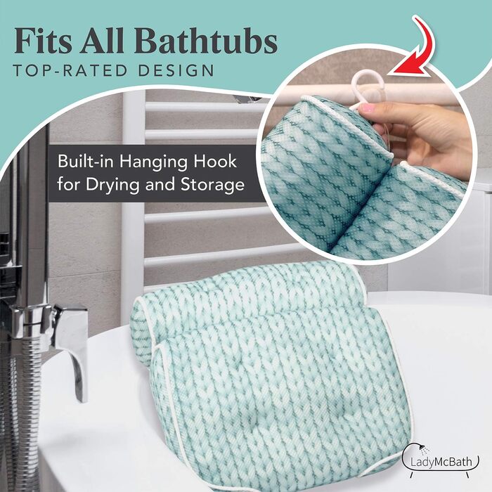 Lady McBath Bathtub Pillow – Luxury Bathtub Pillow for Tub, Neck and Back Support, Powerful Suction Cups, Machine Washable, Bathtub Accessory for Relaxation (Turquoise)