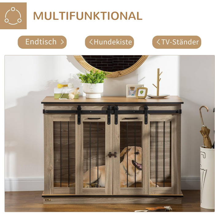 Клітка для собак PawHut, будиночок для собак з двокімнатним варіантом, клітка для домашніх тварин з двома дверцятами, переноска для собак, собачий будиночок для собак середніх розмірів, 120 x 60 x 88,5 см, дуб