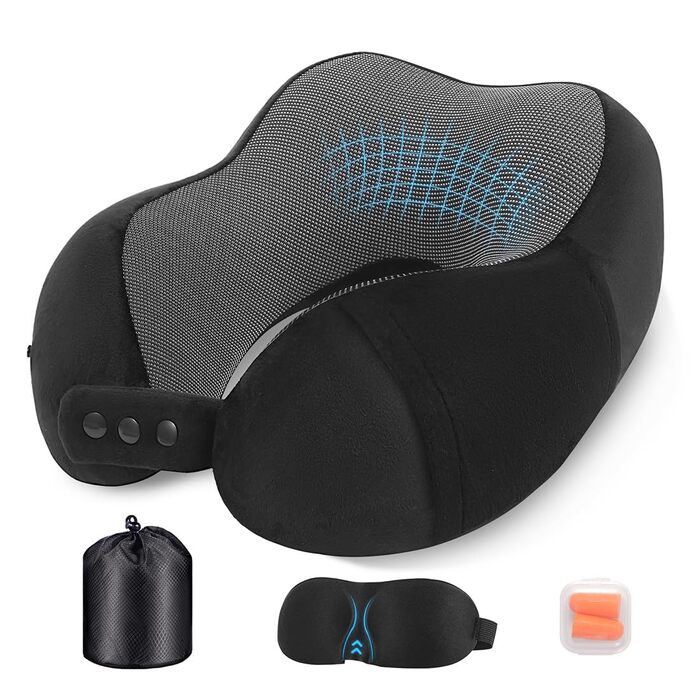 Подушка для шиї в літак та авто з ефектом пам'яті (Memory Foam), набір для подорожей зі маскою для сну, берушами та сумкою, чорна