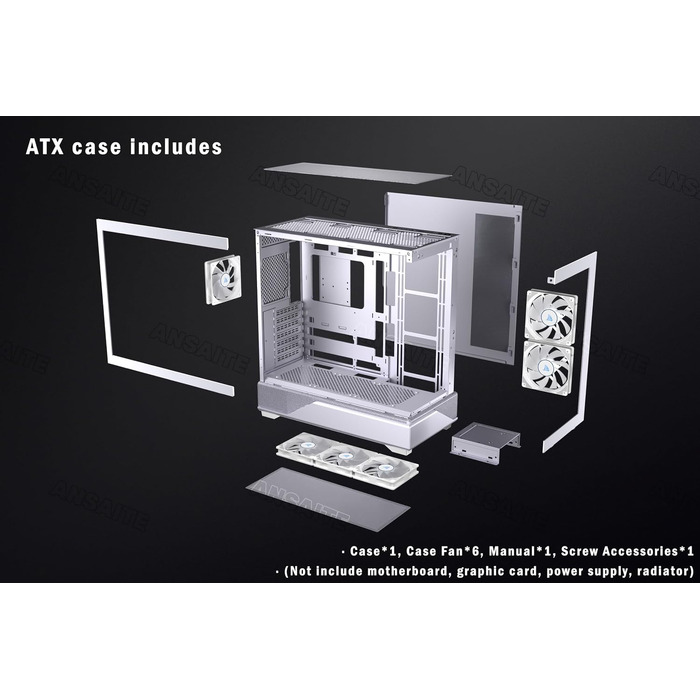 Ігровий корпус для ПК ANSAITE ATX Mid-Tower, 6 ARGB PWM вентиляторів, панорамне загартоване скло, USB Type-C, підтримка радіатора 360мм, Чорний