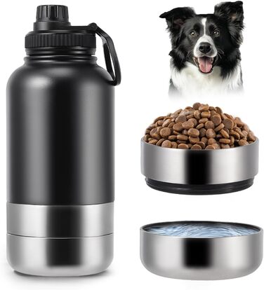 Водяна пляшка для собак на винос 4-в-1, 1000 мл, з мисками для води та корму, з нержавіючої сталі, BPA-Free