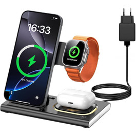 Бездротова зарядка Aimtel 3-в-1 з нічними ліхтариками: сумісна з iPhone 17/17 Pro/17 Pro Max/17 Air та Apple Watch, Air-Pods Pro/4/3/2. Чорний колір