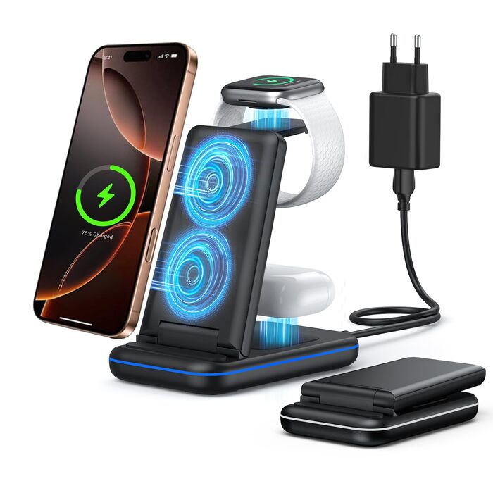 TECKNET Бездротова зарядка 3 в 1, Складна індукційна станція, Швидка зарядка для iPhone 17/16/15/14/13/12/11/Pro Max, Apple Watch Ultra/11-3/SE, AirPods Pro 3-2/4-2, Чорний