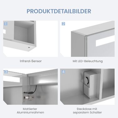 Дзеркальна шафка для ванної кімнати AQUABATOS з розеткою, підсвічуванням LED, 50x70 см. Шафка для ванної кімнати з дзеркалом, інфрачервоний сенсор, регулювання яскравості, протизапітніння, холодний білий колір світла (Тип 07L)