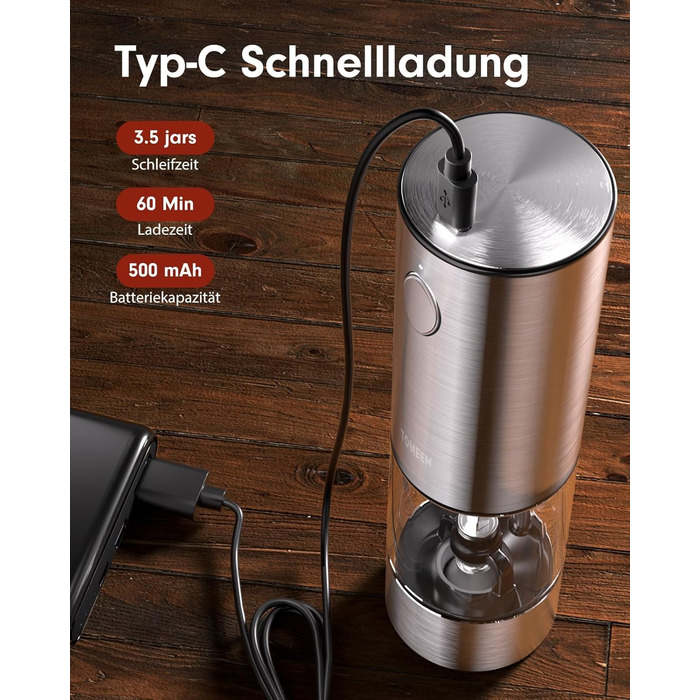 Електричні перечниці та солінки 2 в 1 з нержавіючої сталі, акумуляторні, з LED-підсвічуванням та регульованим керамічним жорном, з щіткою для чищення