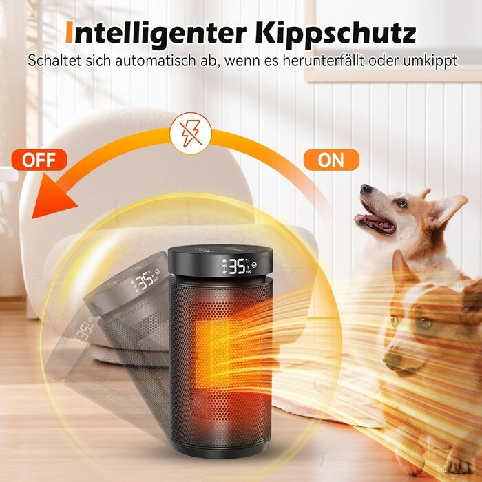 Електричний обігрівач PTC керамічний 2200W з пультом дистанційного керування, 4 режими, таймер 12H, термостат, ECO-режим, осциляція 70°, захист від перегріву та перекидання, для дому та офісу (чорний, 27см)