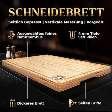 Дерев'яний обрізний стіл Deer & Oak XXXL 60x40x3.2 см - Преміум дерев'яний стіл для кухні, бамбуковий обрізний стіл 60 см, обрізні дошки для сервірування та нарізання - двосторонній, попередньо олійований, з жолобками для соку, бічні ручки