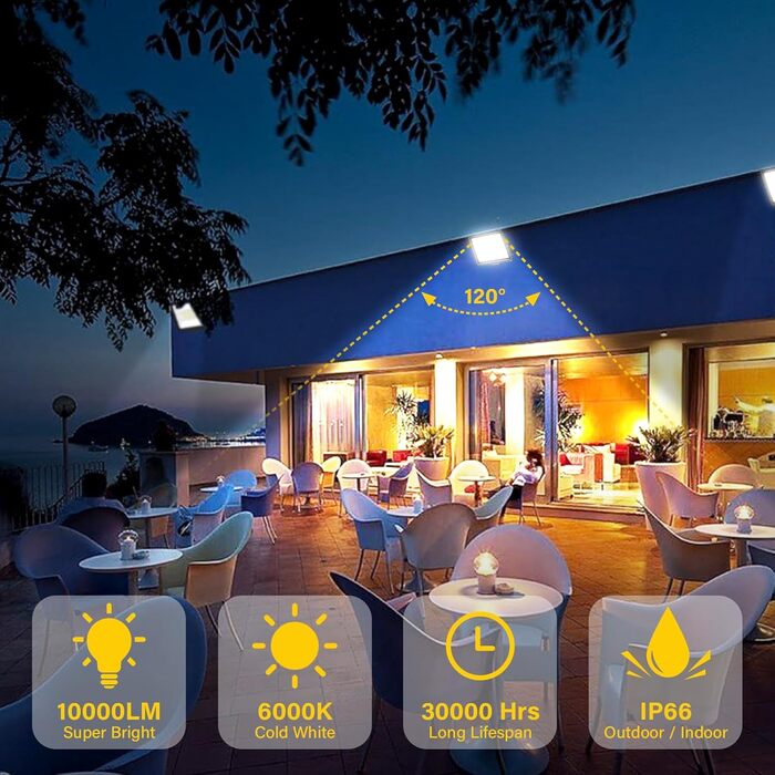 RIGIDON 2x 75W LED Floodlights Outdoor, 7500LM Outdoor Floodlight, 6000K Cool White IP66 Waterproof LED Floodlight, Outdoor Lamp for Garden, Courtyards, Garage, Hotel, Sports Field, Workshop (1 x 100W)