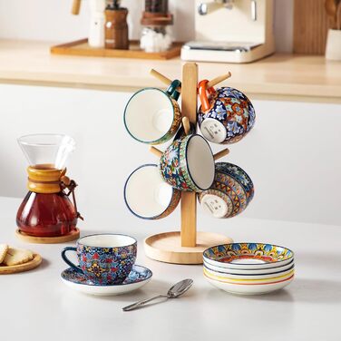 Набір кавових чашок капучино Vancasso SIMI (6 шт.) з блюдцями, 240 мл - фарфоровий посуд для 6 осіб, мікрохвильова піч, богемський стиль