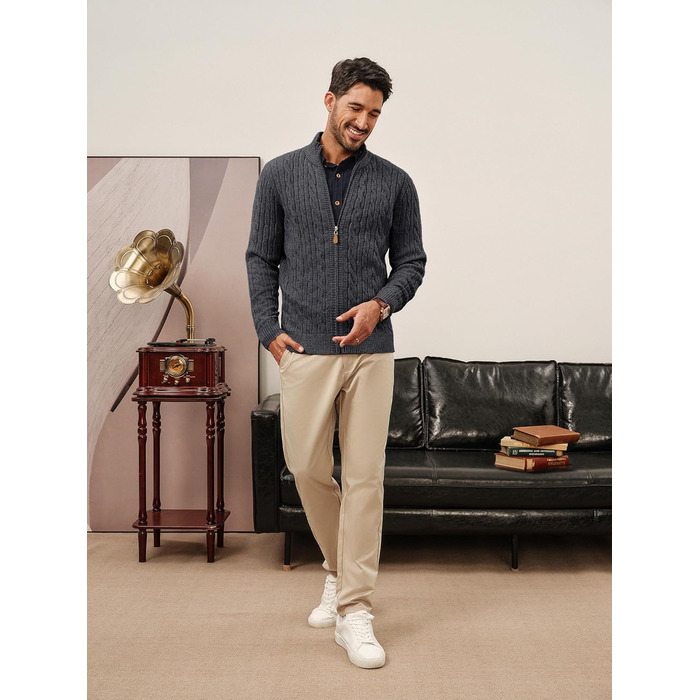 Кардиган чоловічий PJ PAU JONES з блискавкою, стійким коміром та в'язаним візерунком, темно-синій (M, темно-сірий)